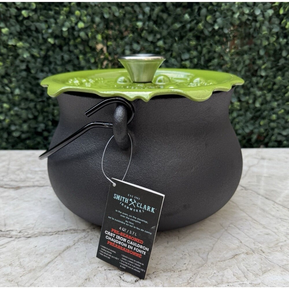 Smith and Clark 4 Quart Cast Iron Cauldron Pot Green 'Bubbling' Lid NEW